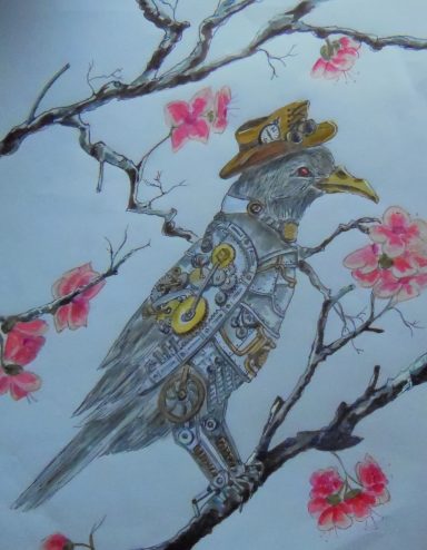 Mechanical Crow in the Cherry Tree steampunk, bird, mechanical bird, Bird, Victorian Art, Crow, original Art