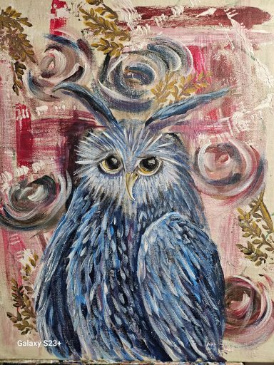 Broken Hearted Owl owl, modern, contemporary, floral background, original art, bold colors, bold colours, barn owl, wildlife