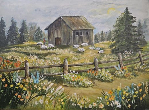 Gaurdians of the Meadow sheep, barn, country life, rural, farm, animals, livestock, landscape, floral, green, brown, blues and yellow.