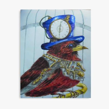 Steampunk Bird - clock work bird in a cage Steampunk Bird - clockwork bird in a cage. steampunk, bird, clocks, bright colours, cage, hats, metal art, painting of birds, funny birds, u