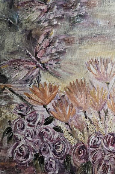 Butterflies at Night - Abstract in orange and plum Butterfly, dark flowers, abstract art, original art, purple, orange