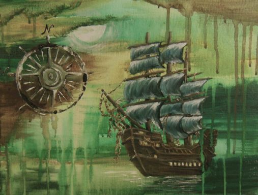 Lost at Sea - Pirate ship pirate ship, sailing, abstract ship, sea, water, compass, lost at sea, historical ships, original art, illustration