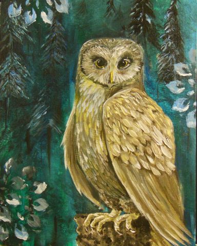 Watching - Barn Owl on Perch Barn Owl, bird art, wild animal art, abstract art, blue, gold, feathers