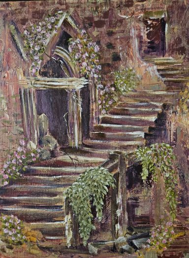 Romantic Castle Stairs Romantic Castle Stairs - Hues of red, pink, purple, grey, cream and brown. Stairway leading to archways, blooms cascading over egdes.