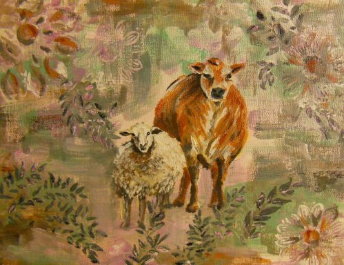 Cow and Sheep - Quiet companions Cow and Sheep - Quiet companions, paintin of cows, farming paintings, cows on canvas, cute paintings of cows, artist who paints cows