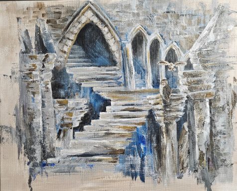 Blue Castle - Owl's Home Blue Castle, owl, pair of owls, fantasy art, abstract art, art for sale