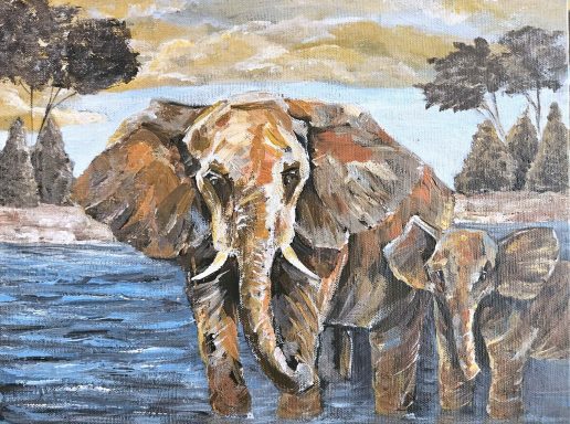 Safe with Me – Elephant and baby Elephant Art, baby elephant, wild animals, abstract art, original illustrations, Canadian art.