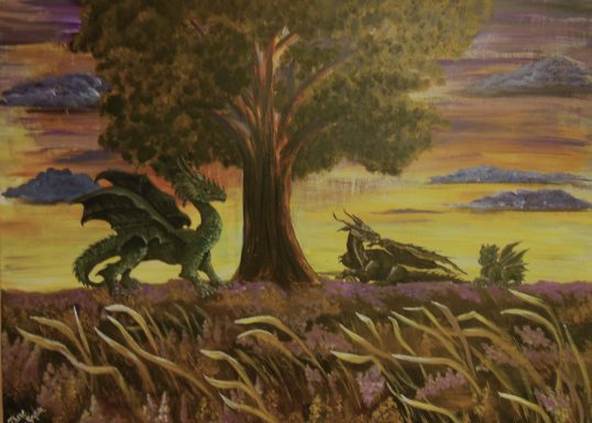 Dragons at Sunset - Where the Wind Takes Us Dragon Family at Dusk, dragon illustrations, one-of-a-kind wall art, dragon art,